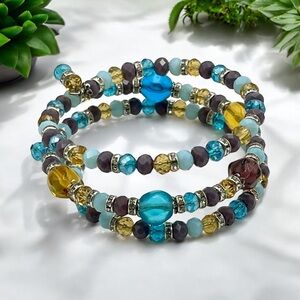 Fabulous Bead Wrap Memory Wire Bracelet Larimar Turquoise Amethyst Citrine Glass